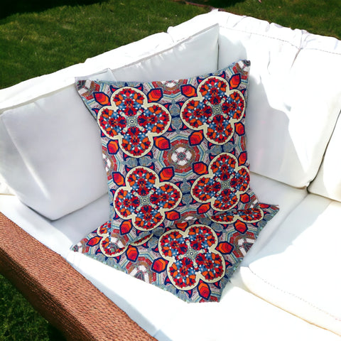 Set of Two 16" X 16" Blue and Orange Blown Seam Floral Indoor Outdoor Throw Pillow