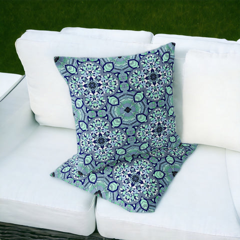 Set of Two 16" X 16" Blue and Green Blown Seam Floral Indoor Outdoor Throw Pillow