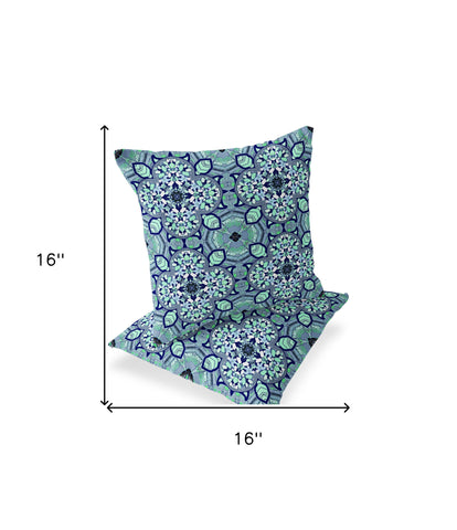 Set of Two 16" X 16" Blue and Green Blown Seam Floral Indoor Outdoor Throw Pillow