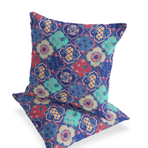 Set of Two 16" X 16" Blue and Green Blown Seam Floral Indoor Outdoor Throw Pillow