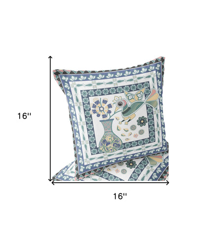 Set of Two 16" X 16" Blue and White Peacock Blown Seam Floral Indoor Outdoor Throw Pillow