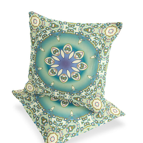 Set of Two 16" X 16" Beige and Green Blown Seam Floral Indoor Outdoor Throw Pillow