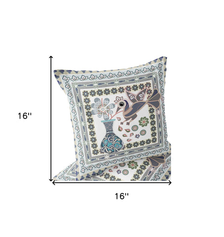 Set of Two 16" X 16" Gray and White Peacock Blown Seam Floral Indoor Outdoor Throw Pillow