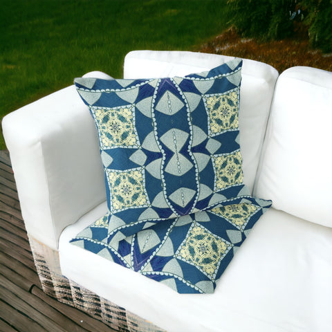 Set of Two 16" X 16" Blue and Green Blown Seam Eclectic Indoor Outdoor Throw Pillow