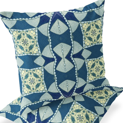 Set of Two 16" X 16" Blue and Green Blown Seam Eclectic Indoor Outdoor Throw Pillow