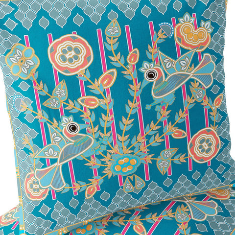 Set of Two 16" X 16" Blue and Gold Peacock Blown Seam Floral Indoor Outdoor Throw Pillow