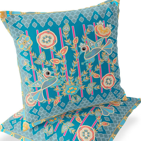 Set of Two 16" X 16" Blue and Gold Peacock Blown Seam Floral Indoor Outdoor Throw Pillow