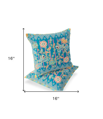 Set of Two 16" X 16" Blue and Gold Peacock Blown Seam Floral Indoor Outdoor Throw Pillow