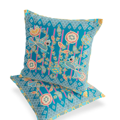 Set of Two 16" X 16" Blue and Gold Peacock Blown Seam Floral Indoor Outdoor Throw Pillow