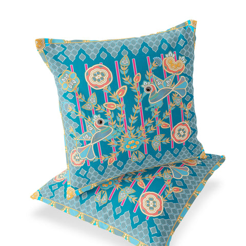 Set of Two 16" X 16" Blue and Gold Peacock Blown Seam Floral Indoor Outdoor Throw Pillow