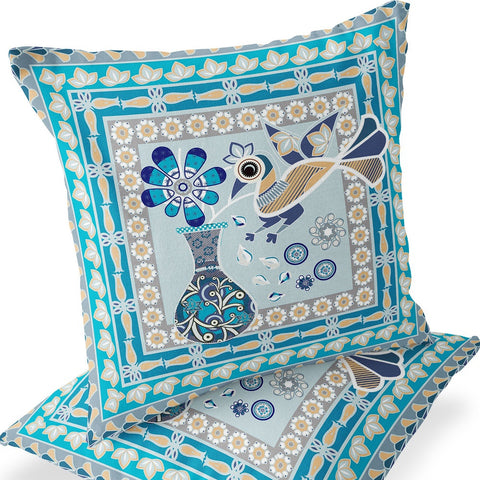 Set of Two 16" X 16" Blue and Gold Peacock Blown Seam Floral Indoor Outdoor Throw Pillow