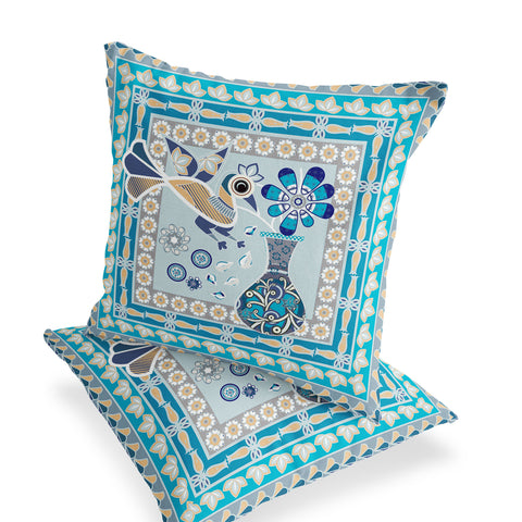 Set of Two 16" X 16" Blue and Gold Peacock Blown Seam Floral Indoor Outdoor Throw Pillow