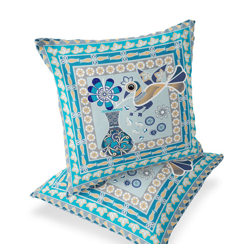 Set of Two 16" X 16" Blue and Gold Peacock Blown Seam Floral Indoor Outdoor Throw Pillow