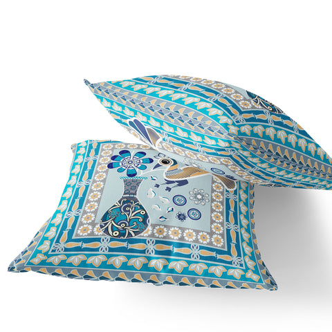 Set of Two 16" X 16" Blue and Gold Peacock Blown Seam Floral Indoor Outdoor Throw Pillow