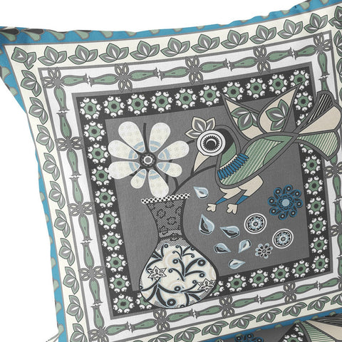 Set of Two 16" X 16" Black Gray and White Peacock Blown Seam Floral Indoor Outdoor Throw Pillow