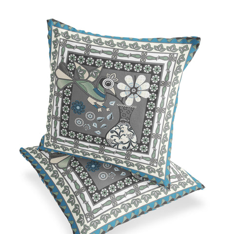 Set of Two 16" X 16" Black Gray and White Peacock Blown Seam Floral Indoor Outdoor Throw Pillow