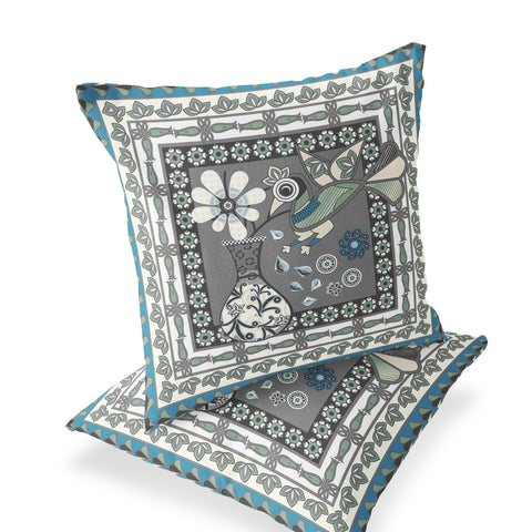 Set of Two 16" X 16" Black Gray and White Peacock Blown Seam Floral Indoor Outdoor Throw Pillow