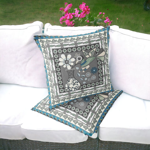 Set of Two 16" X 16" Black Gray and White Peacock Blown Seam Floral Indoor Outdoor Throw Pillow