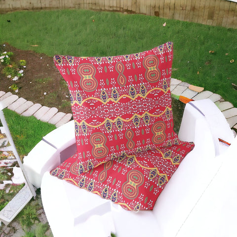 Set of Two 16" X 16" Red Blown Seam Abstract Indoor Outdoor Throw Pillow