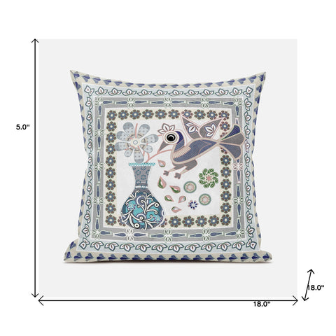 18" X 18" Blue and Gray Peacock Broadcloth Floral Zippered Pillow