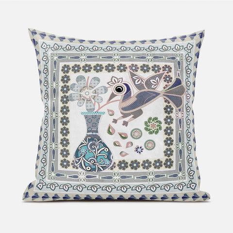 18" X 18" Blue and Gray Peacock Broadcloth Floral Zippered Pillow