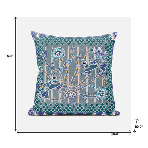 20" X 20" Blue and Gray Peacock Broadcloth Floral Zippered Pillow