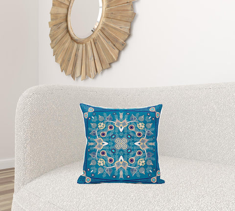 18" X 18" Beige and Blue Broadcloth Paisley Zippered Pillow