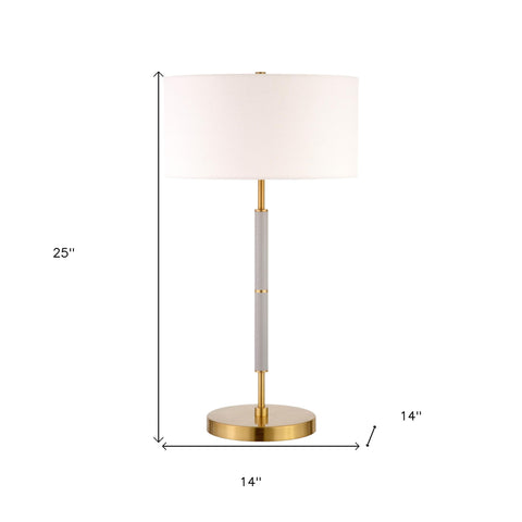 25" Gray and Gold Metal Two Light Table Lamp With White Drum Shade