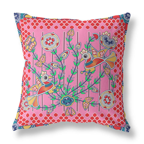 28" x 28" Pink Peacock Blown Seam Floral Indoor Outdoor Throw Pillow