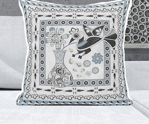 26" x 26" Blue and White Bird Blown Seam Floral Indoor Outdoor Throw Pillow