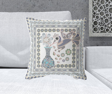 20" x 20" Gray Peacock Blown Seam Floral Indoor Outdoor Throw Pillow