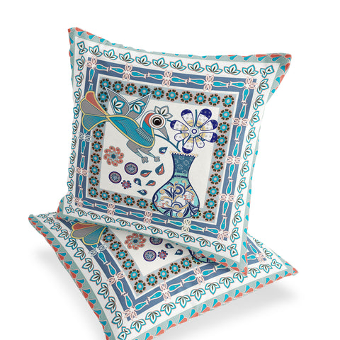 Set of Two 16" X 16" Blue and Off White Peacock Blown Seam Floral Indoor Outdoor Throw Pillow