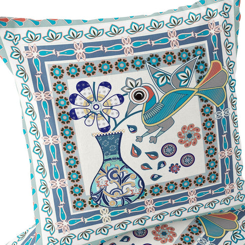 Set of Two 16" X 16" Blue and Off White Peacock Blown Seam Floral Indoor Outdoor Throw Pillow