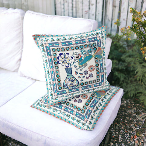 Set of Two 16" X 16" Blue and Off White Peacock Blown Seam Floral Indoor Outdoor Throw Pillow