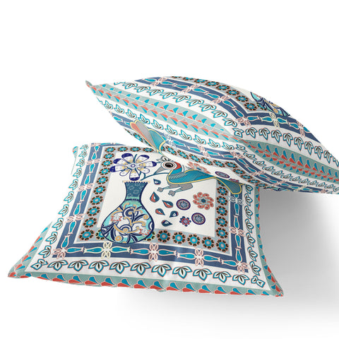 Set of Two 16" X 16" Blue and Off White Peacock Blown Seam Floral Indoor Outdoor Throw Pillow