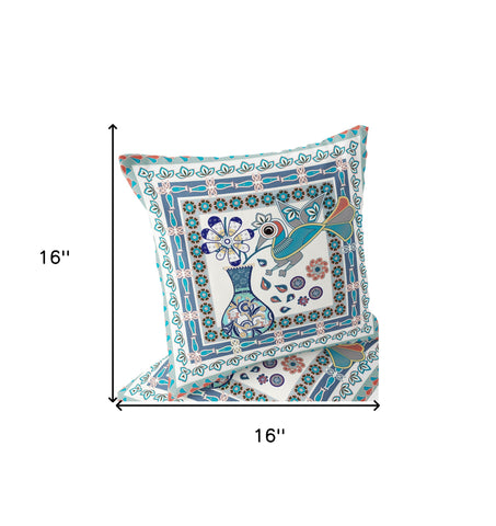 Set of Two 16" X 16" Blue and Off White Peacock Blown Seam Floral Indoor Outdoor Throw Pillow