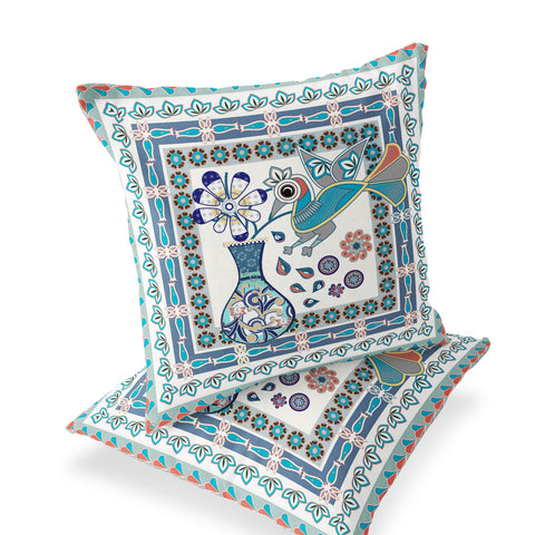 Set of Two 16" X 16" Blue and Off White Peacock Blown Seam Floral Indoor Outdoor Throw Pillow