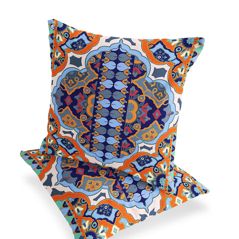 Set of Two 16" X 16" Blue and Orange Blown Seam Floral Indoor Outdoor Throw Pillow