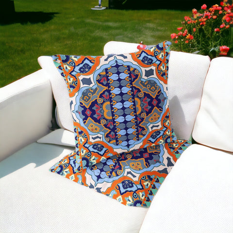 Set of Two 16" X 16" Blue and Orange Blown Seam Floral Indoor Outdoor Throw Pillow