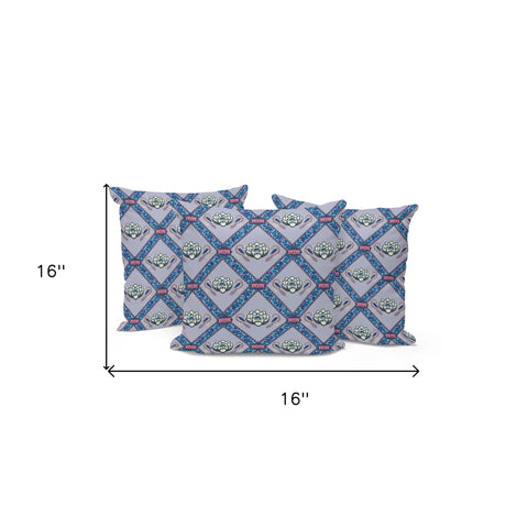 Set of Three 16" X 16" Blue and Gray Peacock Blown Seam Floral Indoor Outdoor Throw Pillow