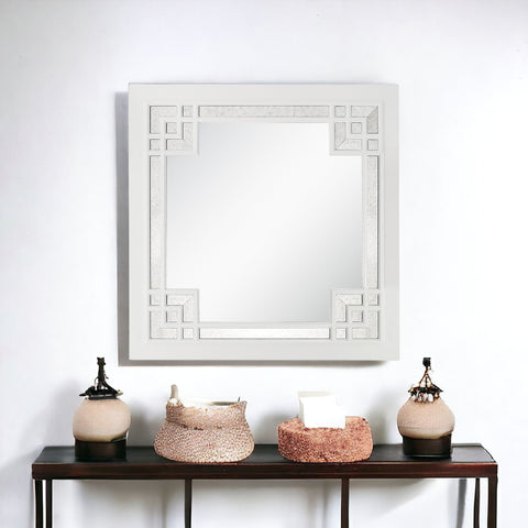 39" White Square Accent Wood Mirror