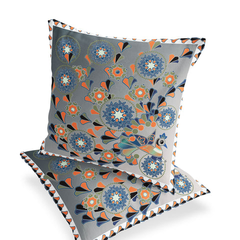 Set of Two 16" X 16" Gray and White Peacock Blown Seam Floral Indoor Outdoor Throw Pillow