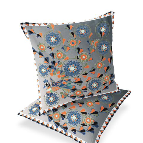 Set of Two 16" X 16" Gray and White Peacock Blown Seam Floral Indoor Outdoor Throw Pillow