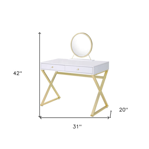 31" White & Gold Finish Round Dresser Mirror