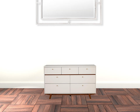 56" Brown and White Solid Wood Seven Drawer Double Dresser