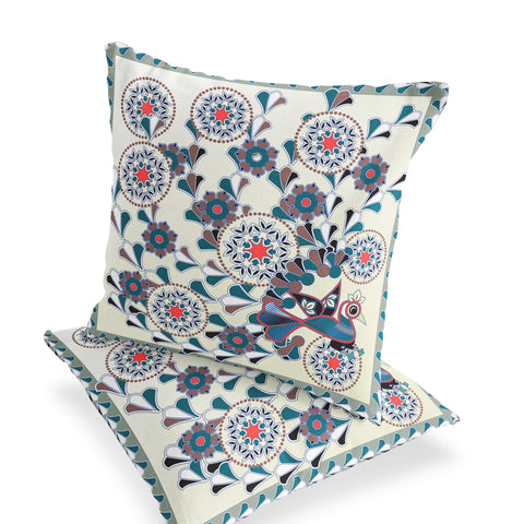 Set of Two 16" X 16" Black and Off White Peacock Blown Seam Floral Indoor Outdoor Throw Pillow