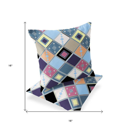 Set of Two 16" X 16" Blue and Purple Blown Seam Diamond Indoor Outdoor Throw Pillow