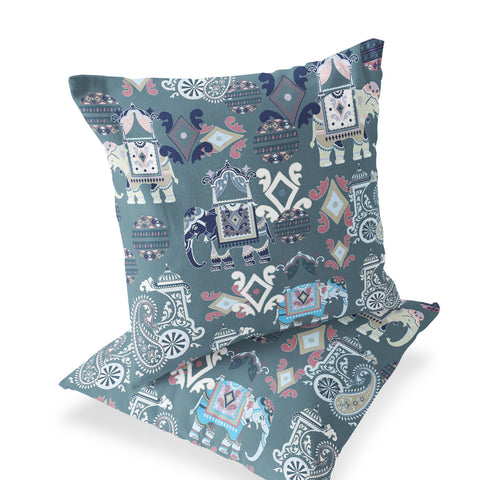 Set of Two 16" X 16" Gray and White Elephant Blown Seam Eclectic Indoor Outdoor Throw Pillow