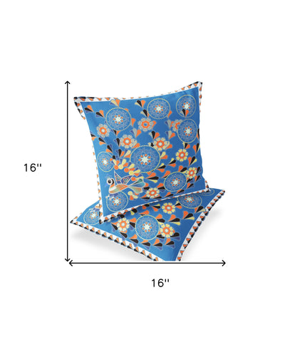 Set of Two 16" X 16" Blue and Orange Peacock Blown Seam Floral Indoor Outdoor Throw Pillow