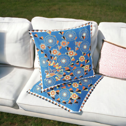 Set of Two 16" X 16" Blue and Orange Peacock Blown Seam Floral Indoor Outdoor Throw Pillow